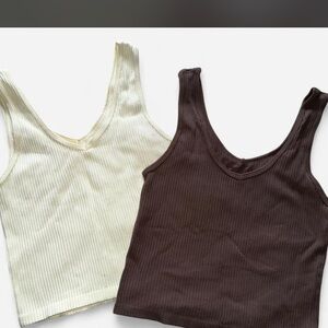 Stylish Cream and Brown Ribbed Tank Tops